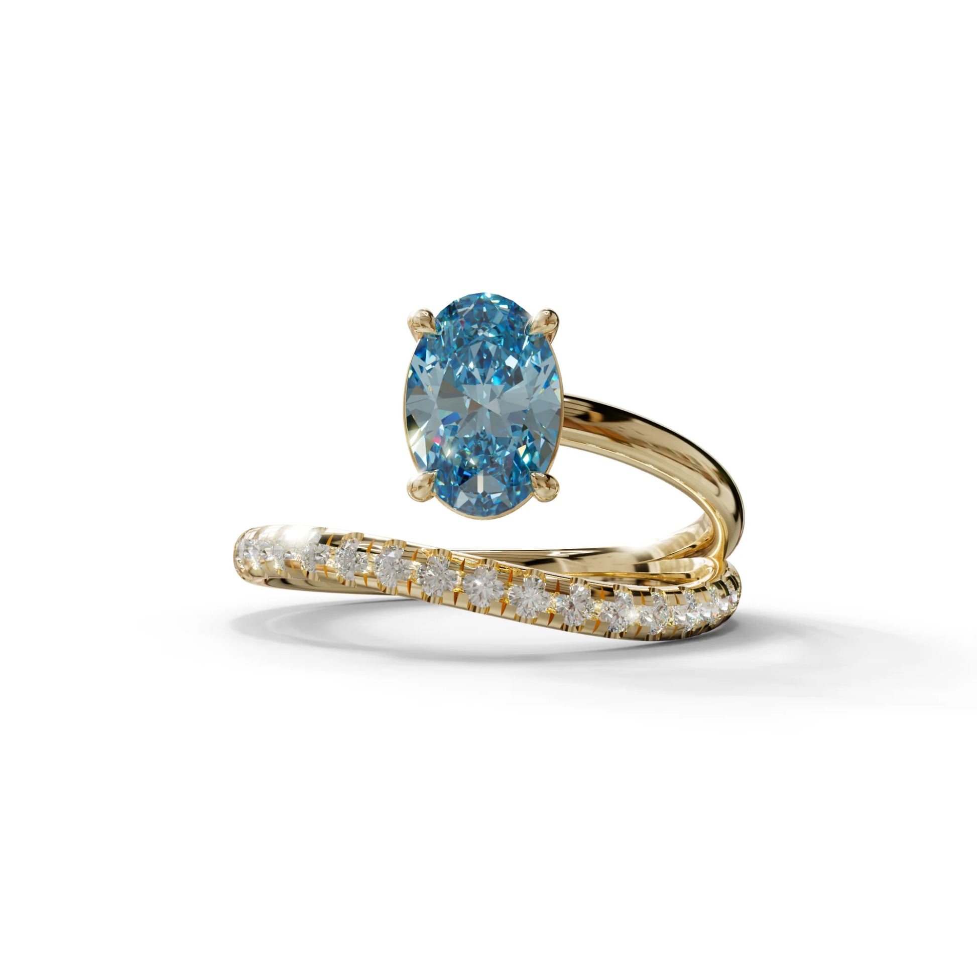 1.5 Carat S-Curve Blue Oval Diamond Pave-set Diamond Ring - Bypass - 10K Solid Gold / Yellow Gold