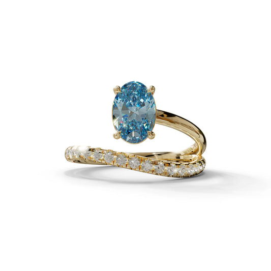 1.5 Carat S-Curve Blue Oval Diamond Pave-set Diamond Ring - Bypass - 10K Solid Gold / Yellow Gold