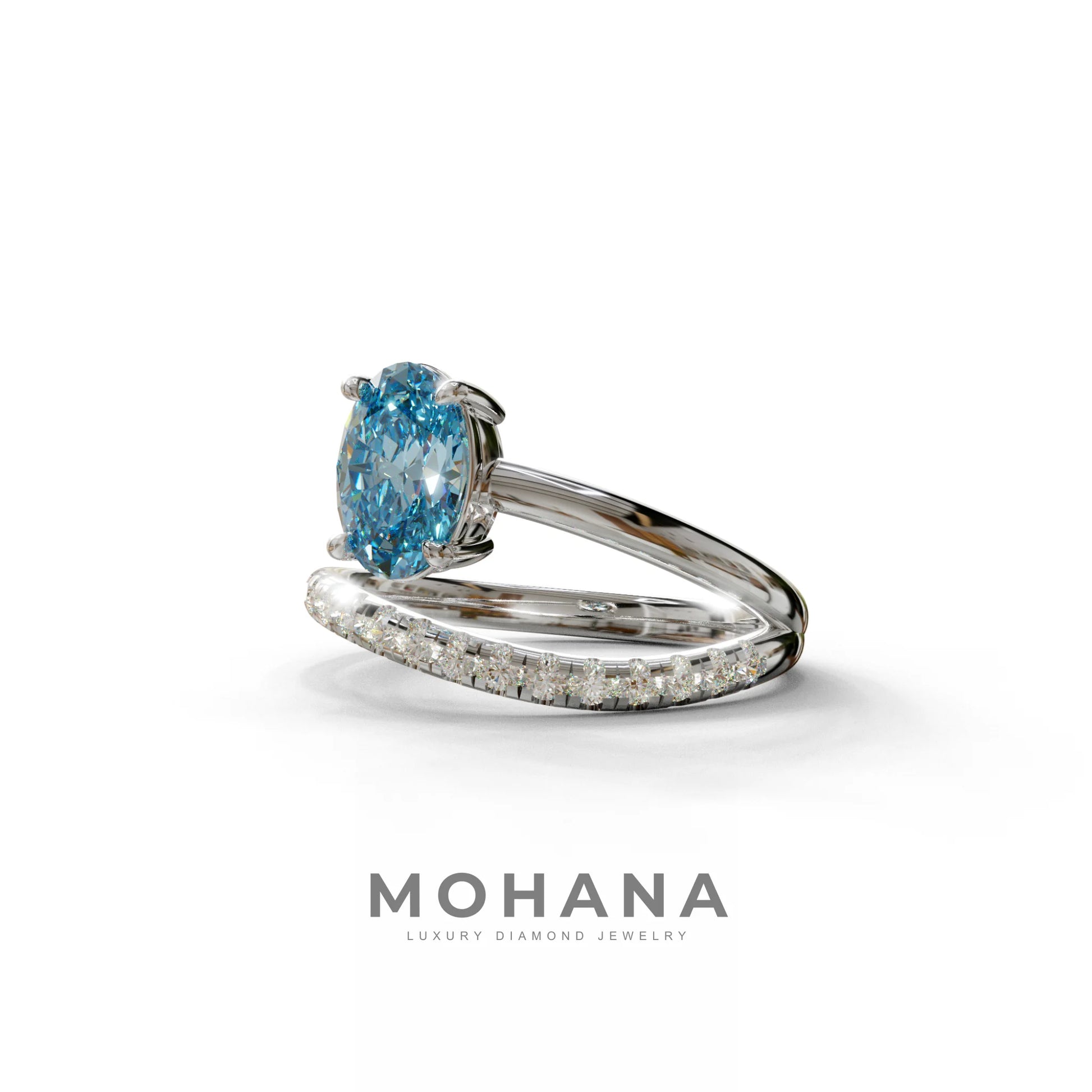 1.5 Carat S-Curve Blue Oval Diamond Pave-set Diamond Ring - Bypass