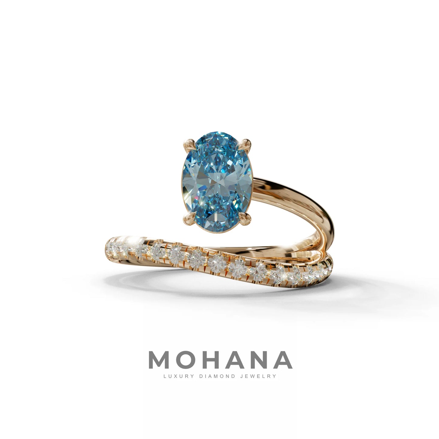 1.5 Carat S-Curve Blue Oval Diamond Pave-set Diamond Ring - Bypass - 10K Solid Gold / Rose Gold