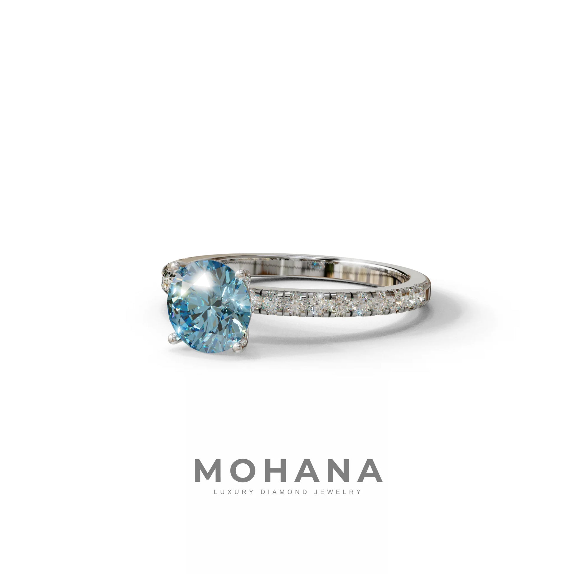 1.5 Carat Blue Round Lab Diamond Ring - Classic Pave Set Ring