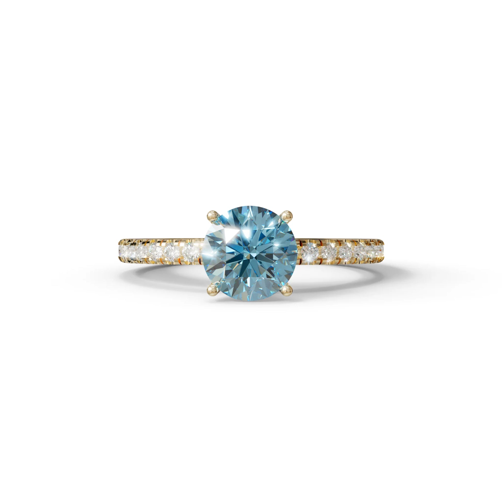 1.5 Carat Blue Round Lab Diamond Ring - Classic Pave Set Ring - 10K Solid Gold / Yellow Gold