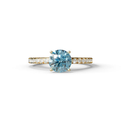 1.5 Carat Blue Round Lab Diamond Ring - Classic Pave Set Ring - 10K Solid Gold / Yellow Gold
