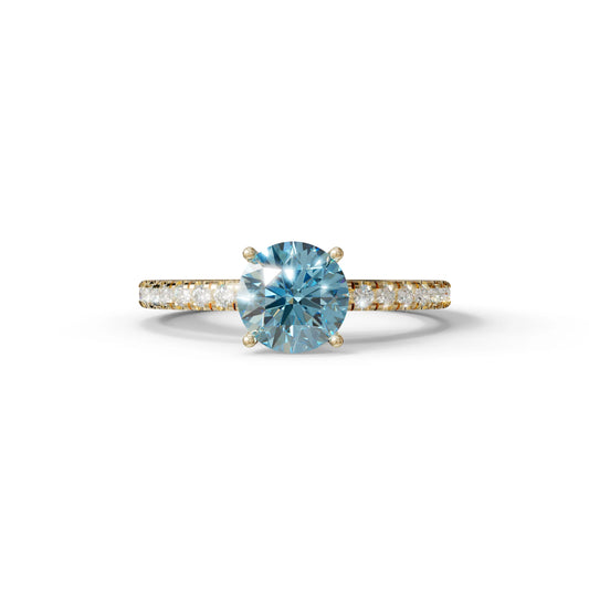 1.5 Carat Blue Round Lab Diamond Ring - Classic Pave Set Ring - 10K Solid Gold / Yellow Gold