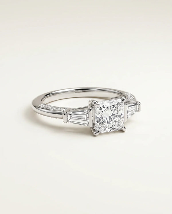 1.5 Carat Colorless Lab Grown Diamond Engagement Ring · Princess Cut Three-Stone with Baguettes