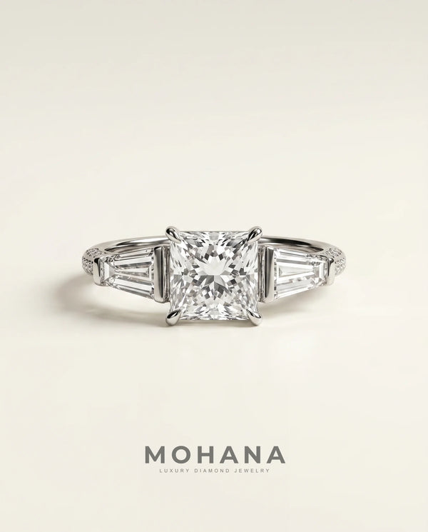 1.5 Carat Colorless Lab Grown Diamond Engagement Ring · Princess Cut Three-Stone with Baguettes alternate view