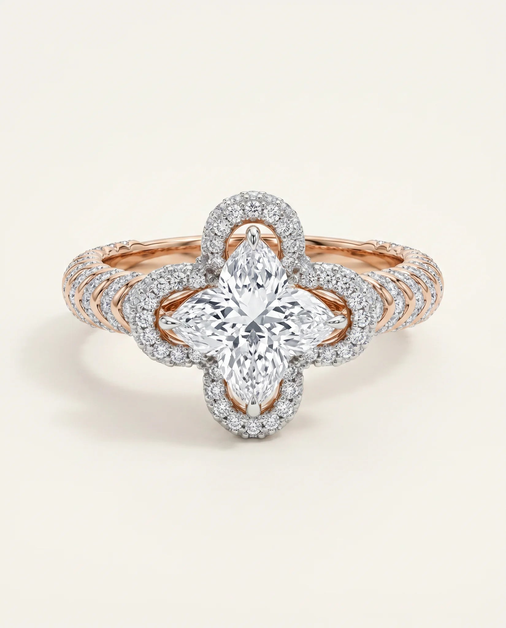 Ready to Ship 1.5 Carat Colorless Marquise Flower Halo Two-Tone Rose and White Gold Diamond Ring — view 1