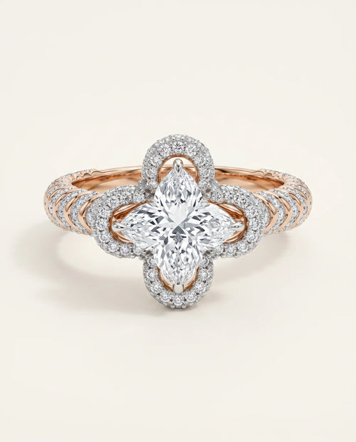 Ready to Ship 1.5 Carat Colorless Marquise Flower Halo Two-Tone Rose and White Gold Diamond Ring — view 1