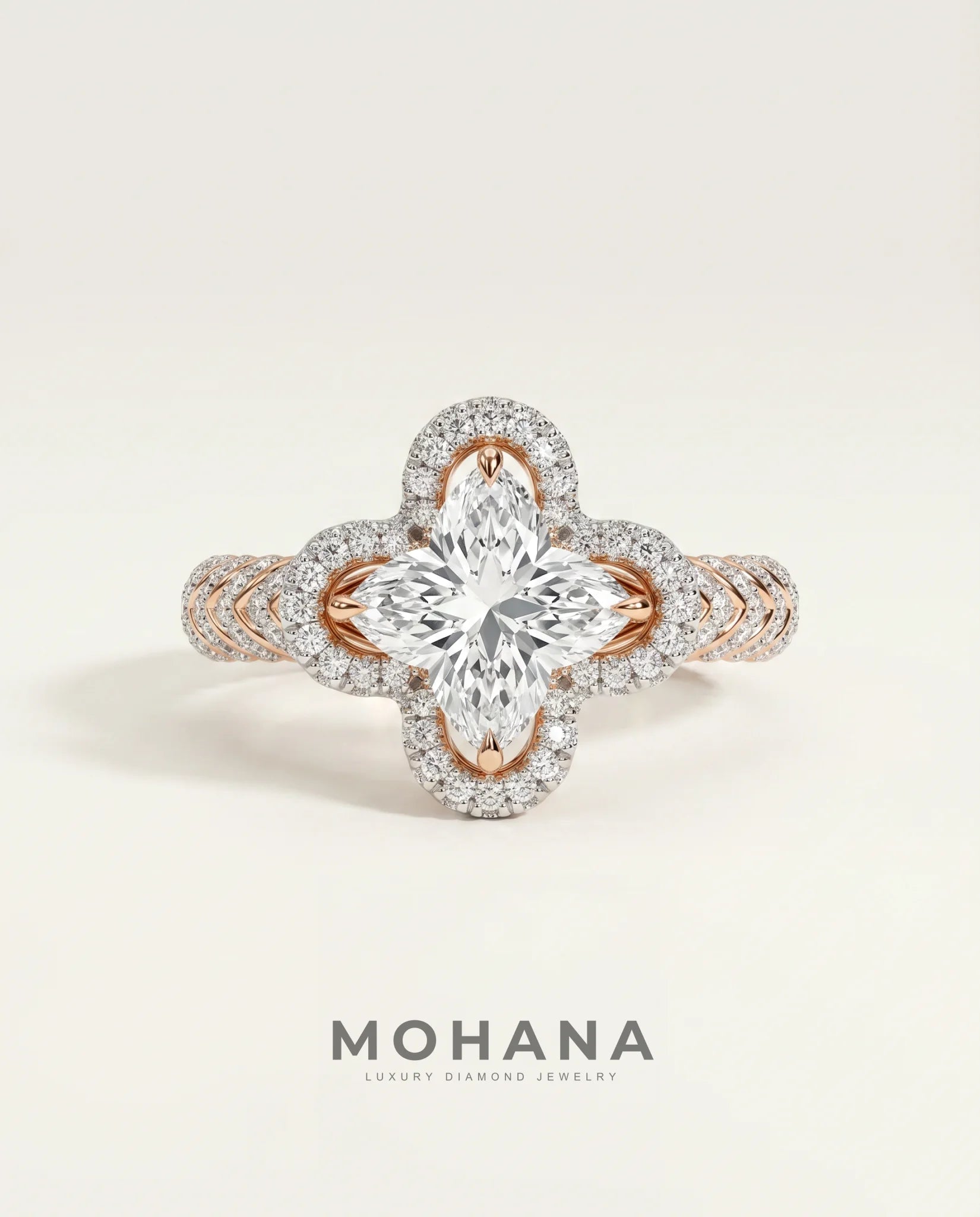 Ready to Ship 1.5 Carat Colorless Marquise Flower Halo Two-Tone Rose and White Gold Diamond Ring — view 5