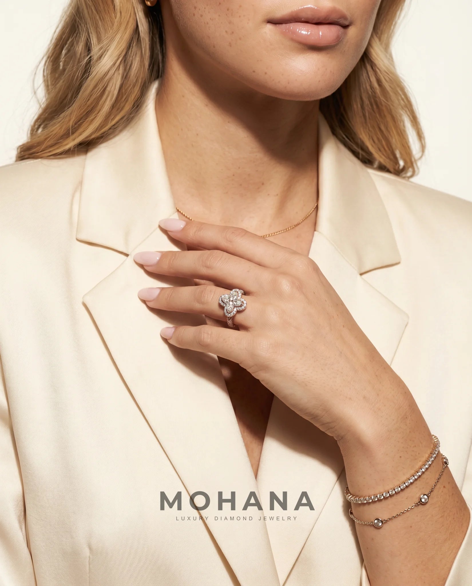Ready to Ship 1.5 Carat Colorless Marquise Flower Halo Two-Tone Rose and White Gold Diamond Ring — view 15