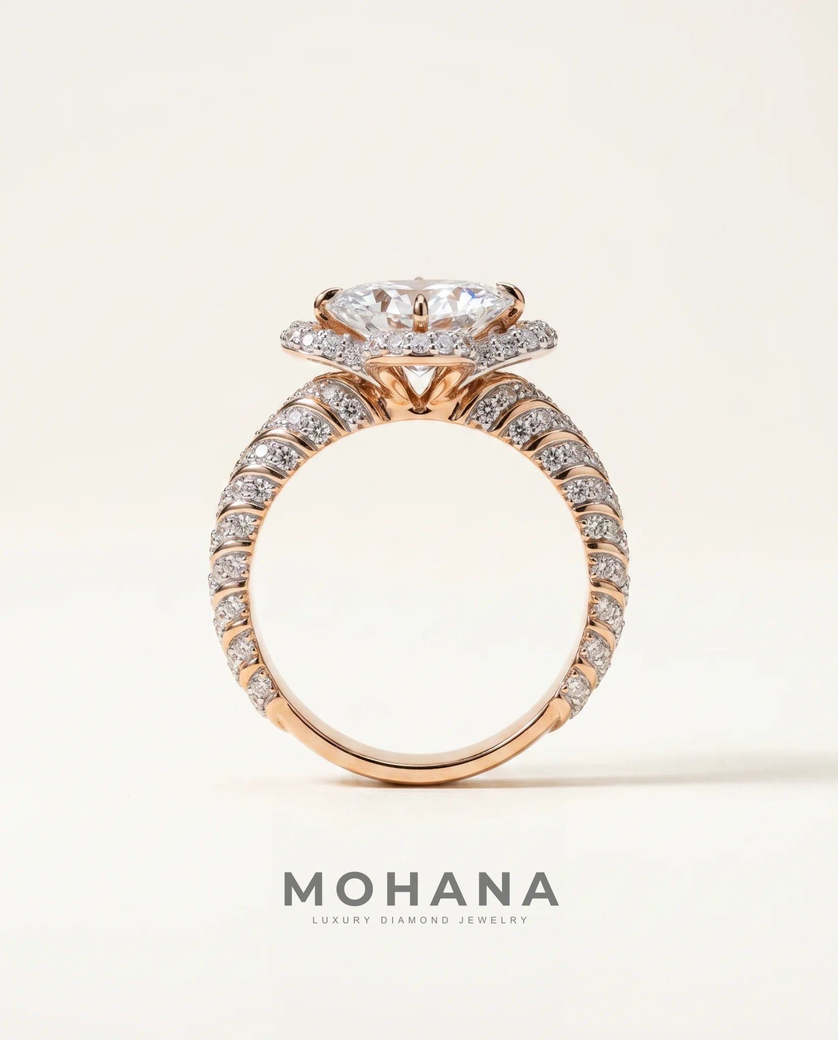 Ready to Ship 1.5 Carat Colorless Marquise Flower Halo Two-Tone Rose and White Gold Diamond Ring — view 3