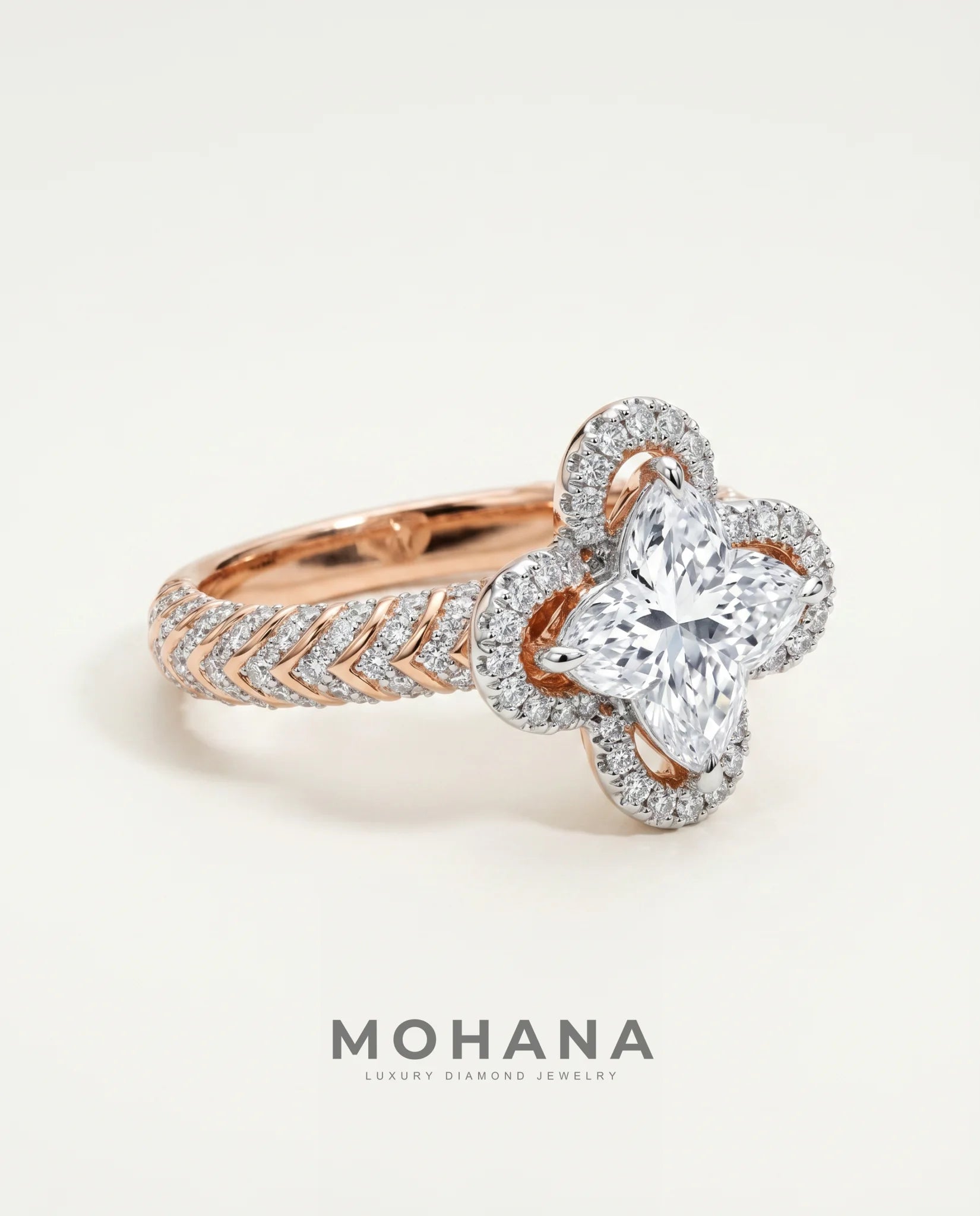 Ready to Ship 1.5 Carat Colorless Marquise Flower Halo Two-Tone Rose and White Gold Diamond Ring — view 4