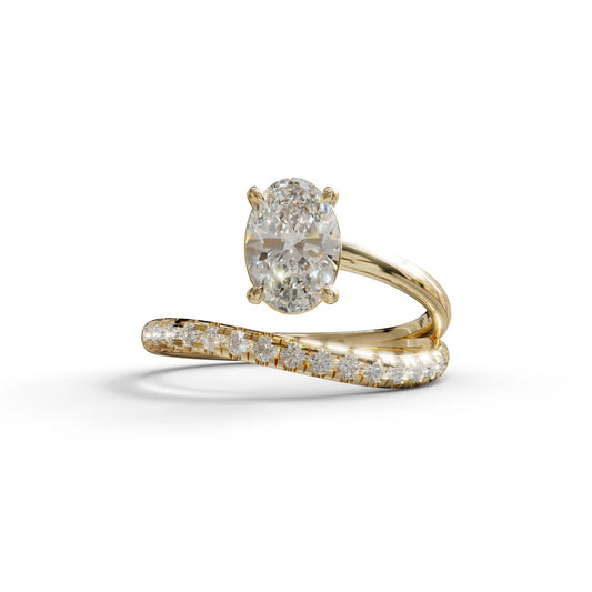 1.5 Carat S-Curve Oval Diamond Pave-set Diamond Ring - Bypass - 10K Solid Gold / Yellow Gold