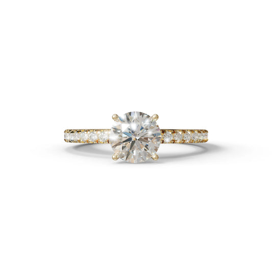 1.5 Carat E VVS Round Lab Diamond Ring - Classic Pave Set Ring - 10K Solid Gold / Yellow Gold