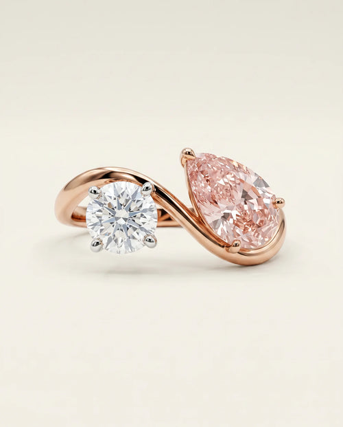 Ready to Ship 1.5 Carat Fancy Vivid Pink Pear Toi et Moi Two-Stone Two-Tone Gold Diamond Ring — view 1