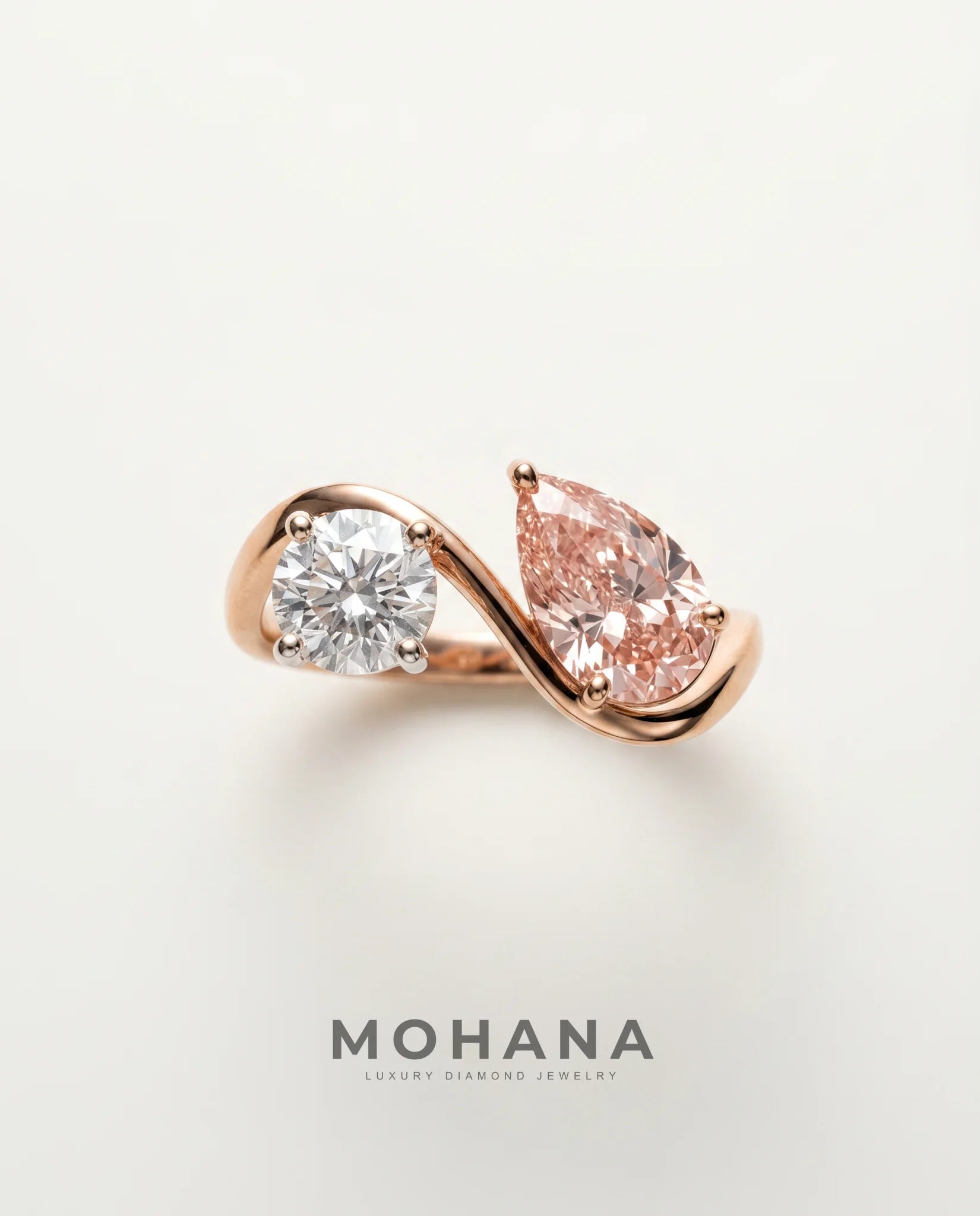 Ready to Ship 1.5 Carat Fancy Vivid Pink Pear Toi et Moi Two-Stone Two-Tone Gold Diamond Ring — view 2
