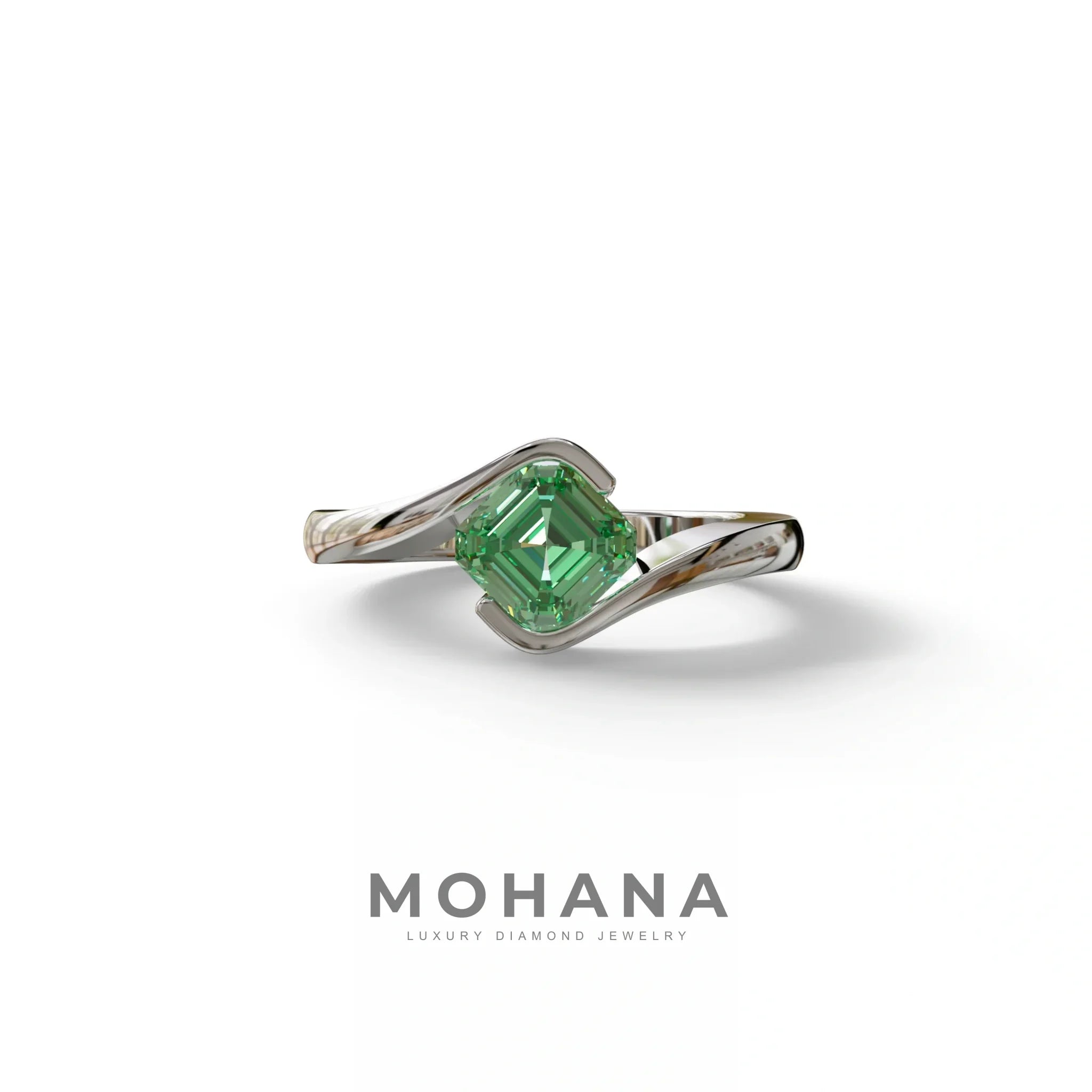 1.5 Carat Green Asscher Cut Half Bezel Lab Grown Diamond Ring - Aquarius - 10K Solid Gold / White Gold