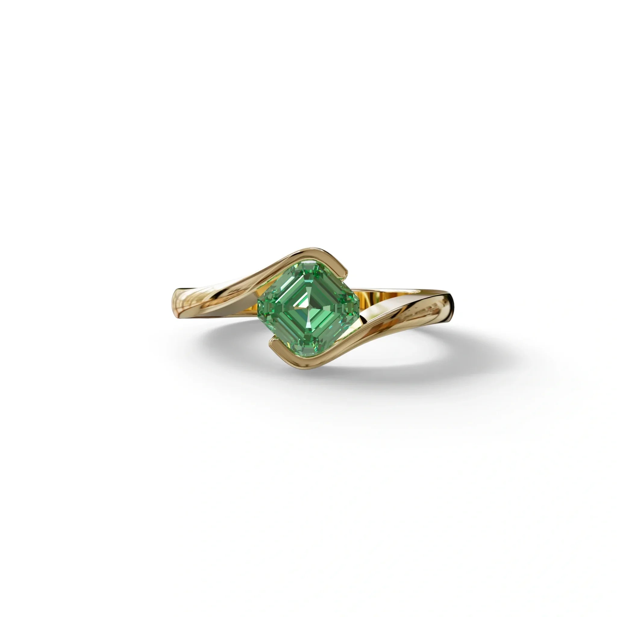 1.5 Carat Green Asscher Cut Half Bezel Lab Grown Diamond Ring - Aquarius - 10K Solid Gold / Yellow Gold