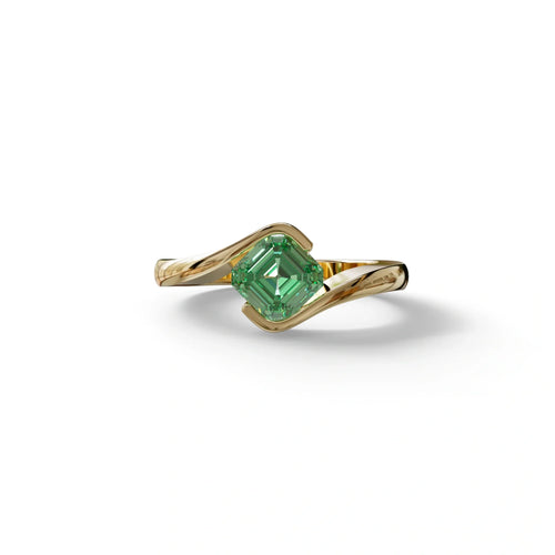1.5 Carat Green Asscher Cut Half Bezel Lab Grown Diamond Ring - Aquarius - 10K Solid Gold / Yellow Gold