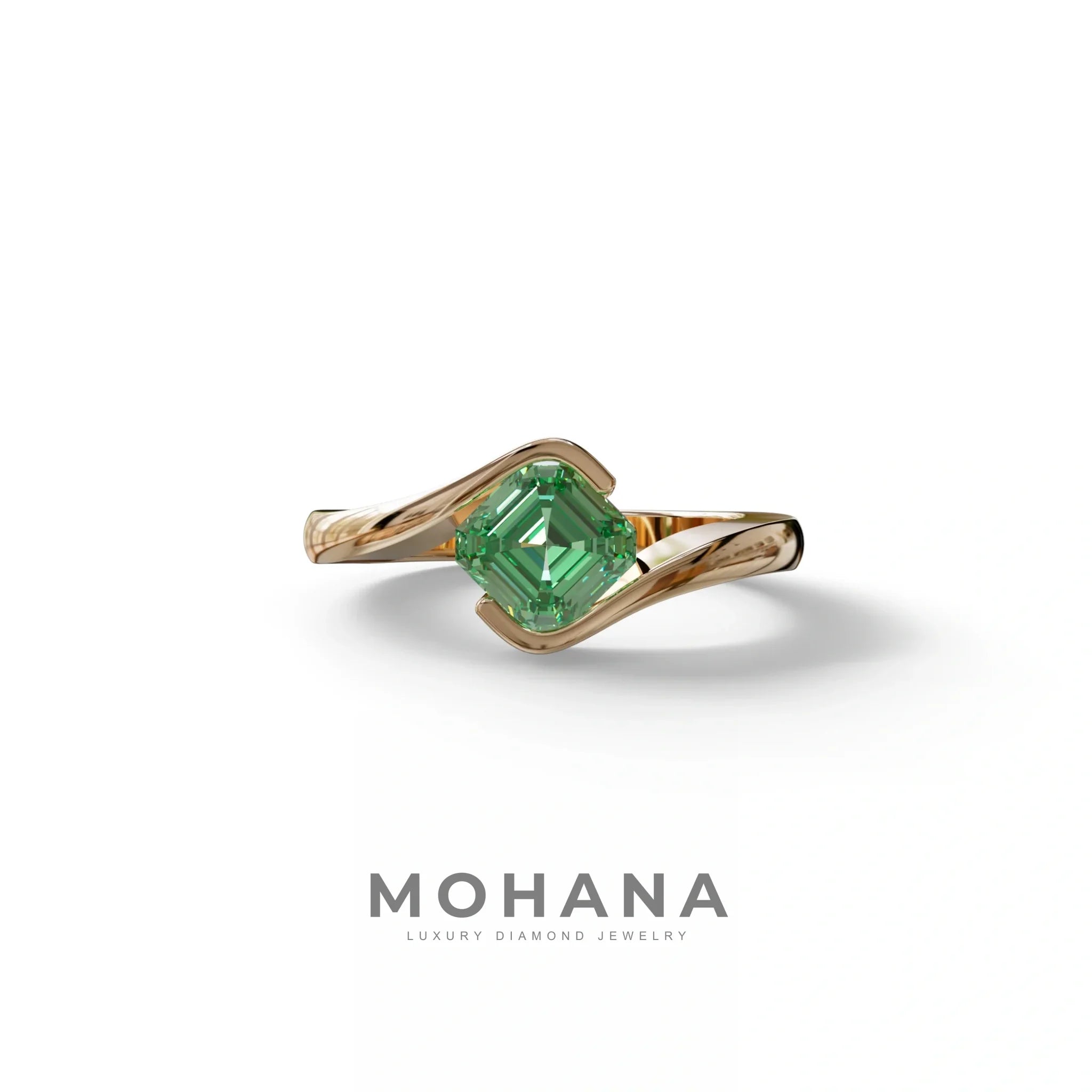 1.5 Carat Green Asscher Cut Half Bezel Lab Grown Diamond Ring - Aquarius - 10K Solid Gold / Rose Gold