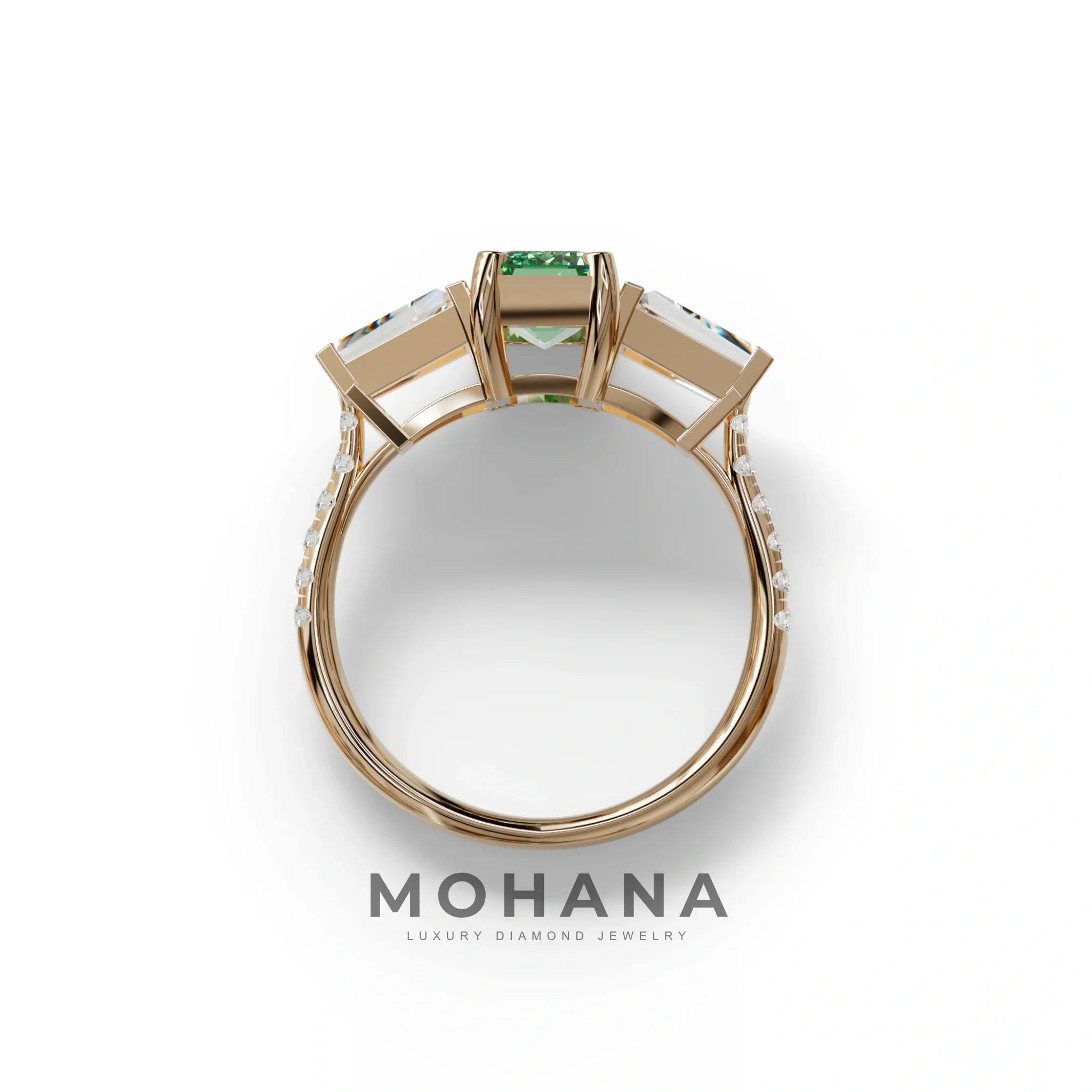 1.50 Carat Green Emerald with Tapered Cut Lab Grown Diamond Ring - Libra