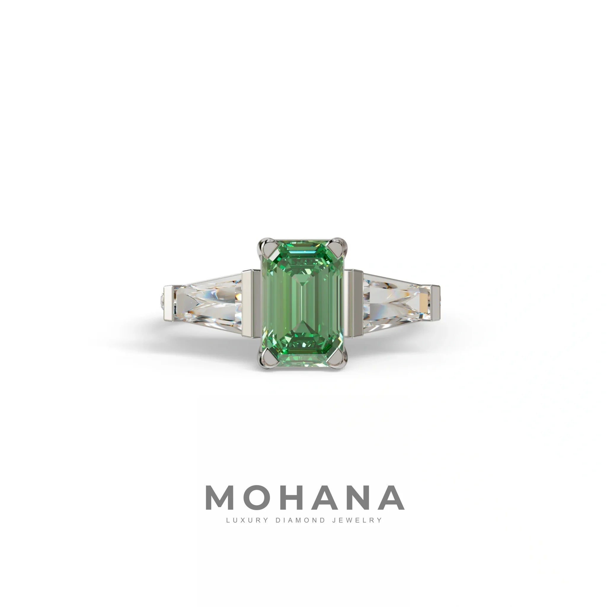 1.50 Carat Green Emerald with Tapered Cut Lab Grown Diamond Ring - Libra - 10K Solid Gold / White Gold