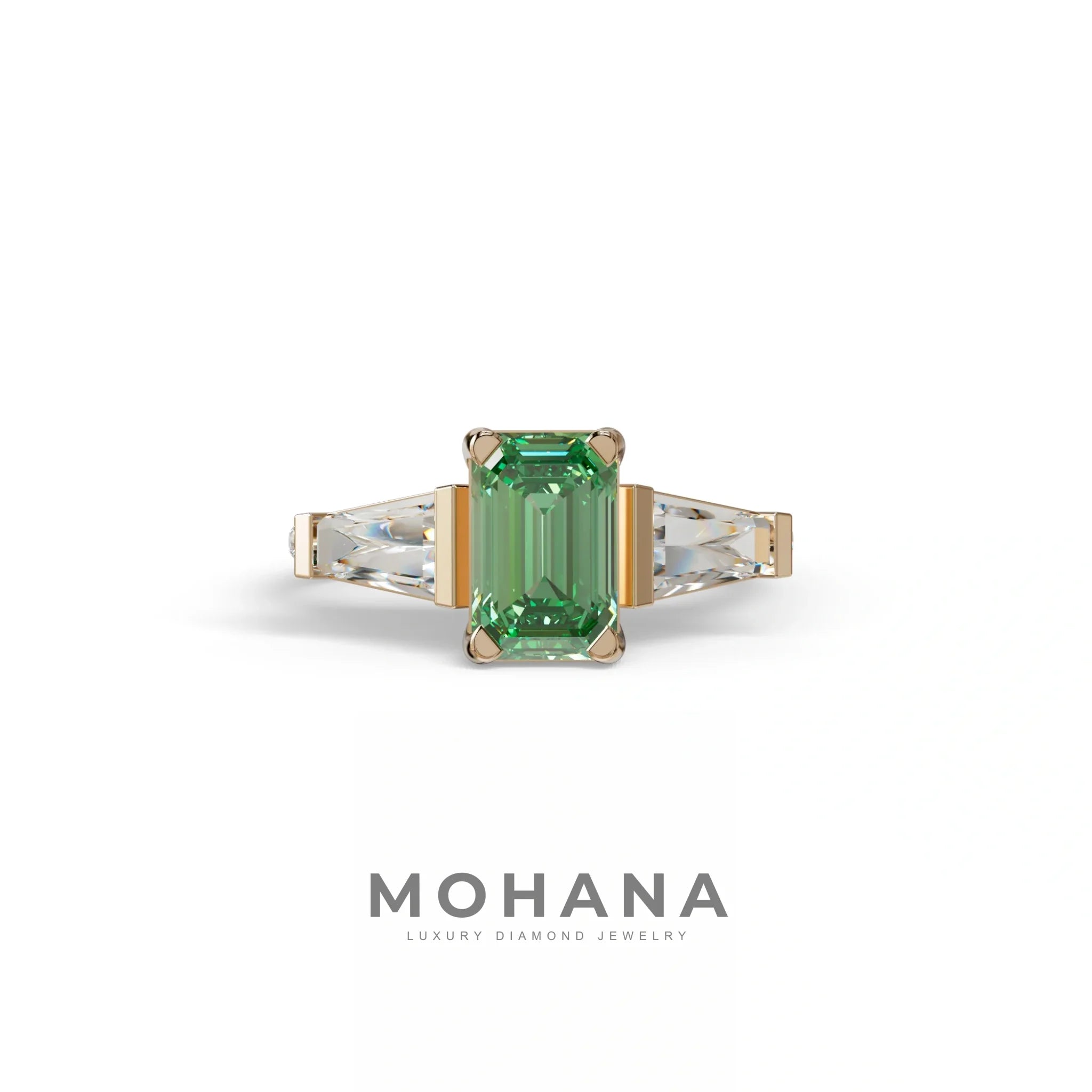 1.50 Carat Green Emerald with Tapered Cut Lab Grown Diamond Ring - Libra - 10K Solid Gold / Rose Gold