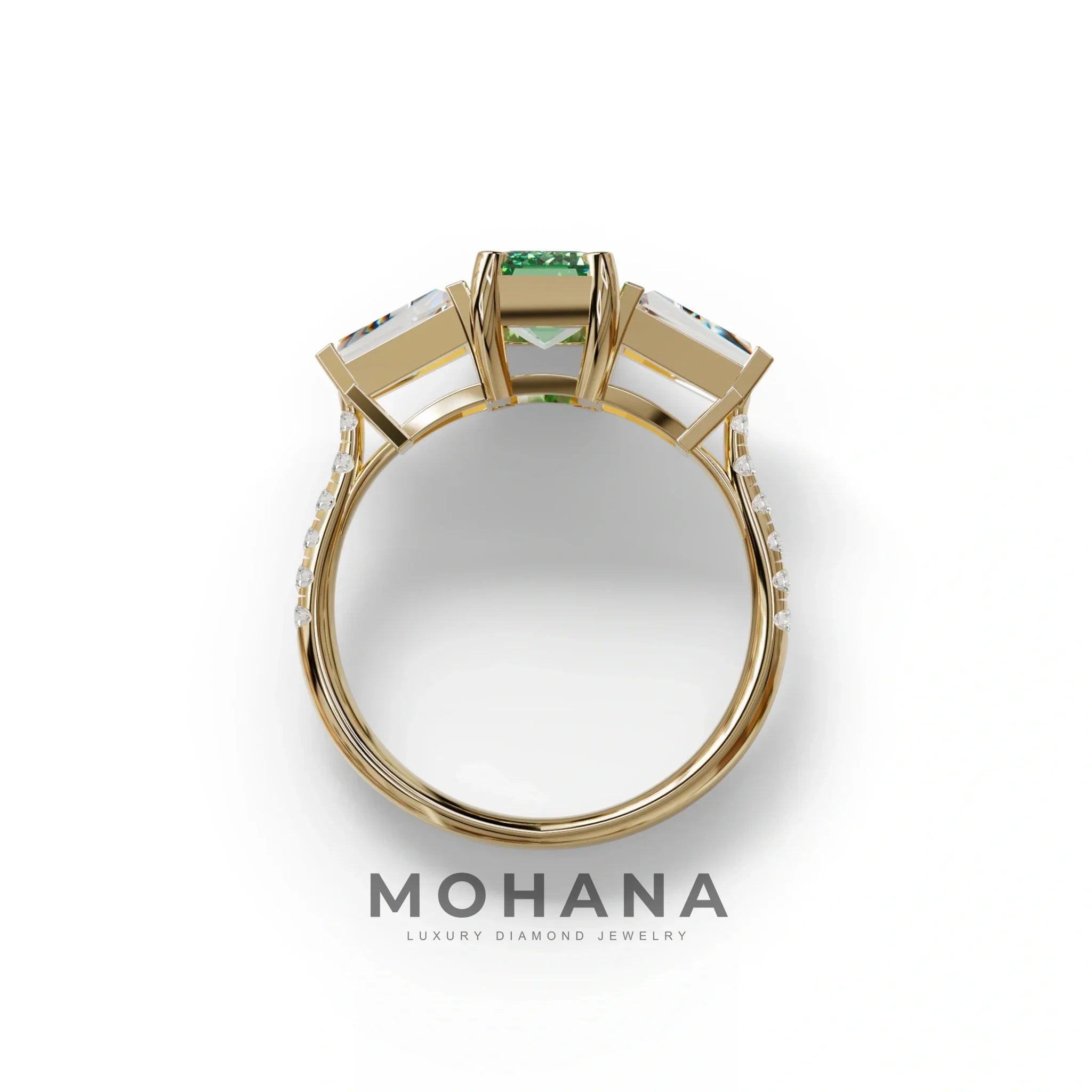 1.50 Carat Green Emerald with Tapered Cut Lab Grown Diamond Ring - Libra