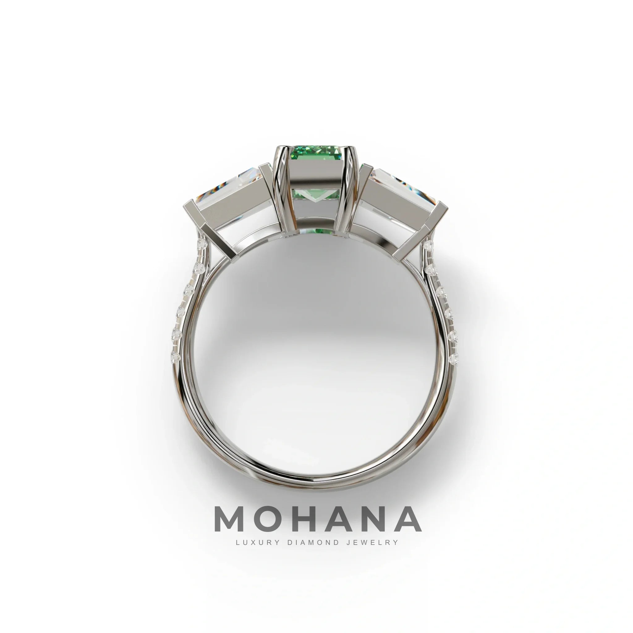 1.50 Carat Green Emerald with Tapered Cut Lab Grown Diamond Ring - Libra