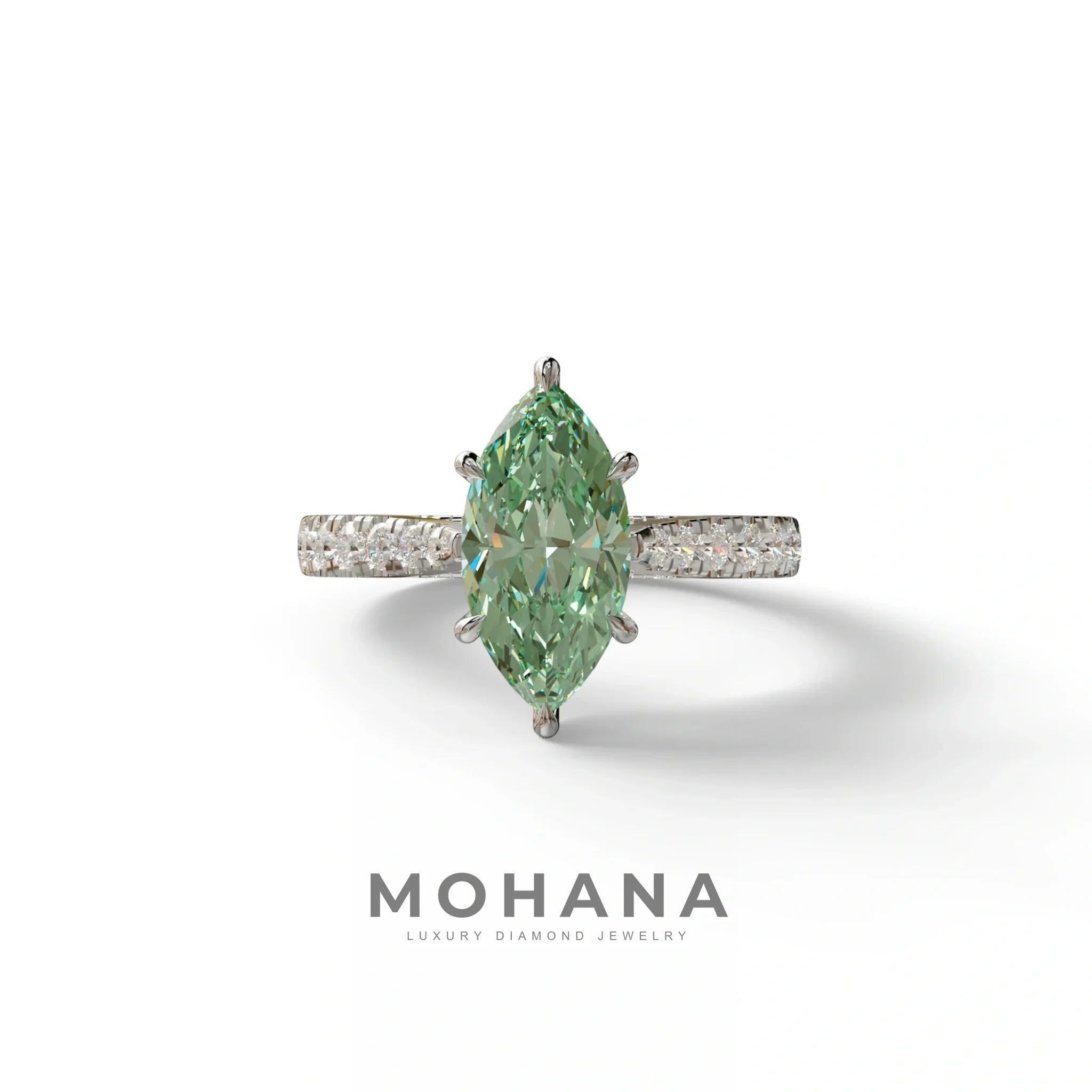 1.5 Carat Green Marquise Cut Lab Diamond Hidden Halo & Pave Ring - Ash - 10K Solid Gold / White Gold