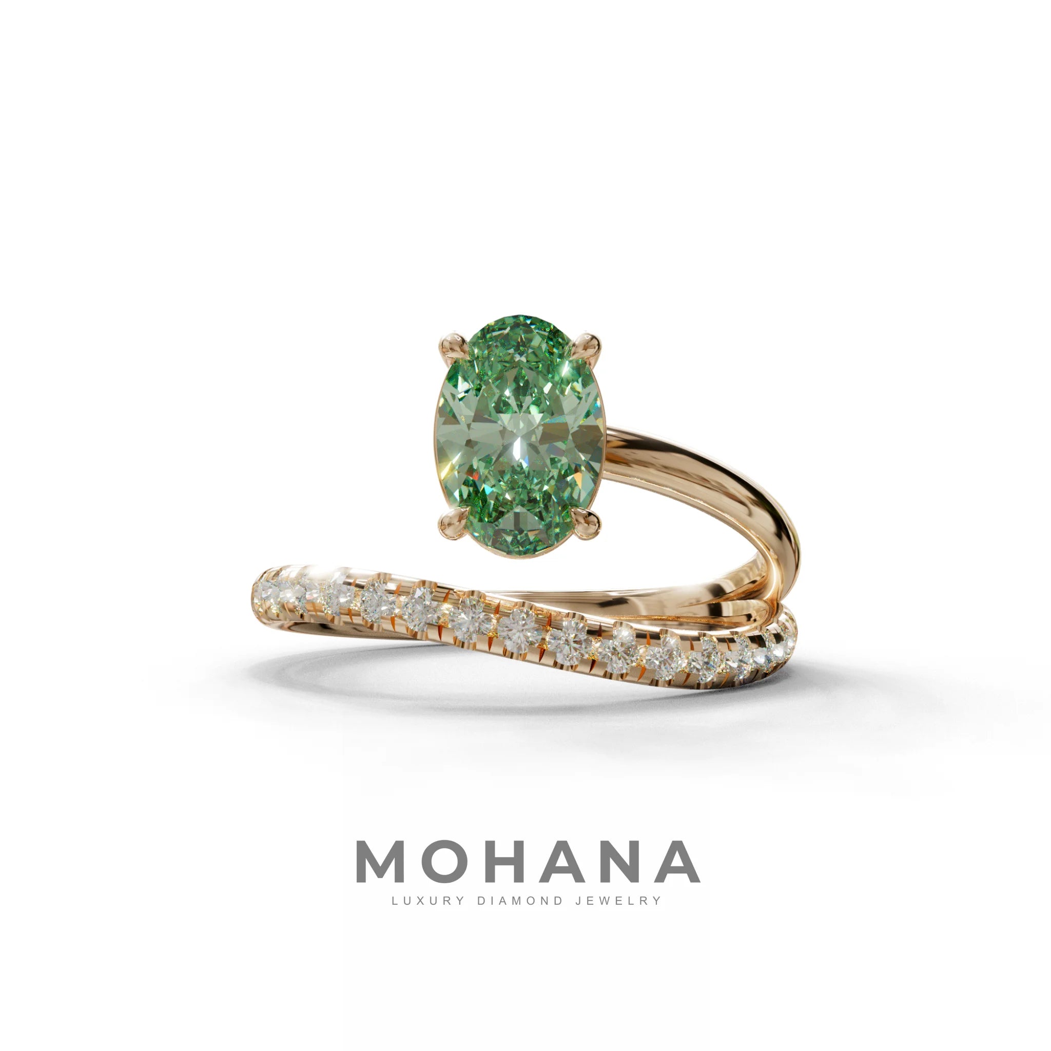 1.5 Carat S-Curve Green Oval Diamond Pave-set Diamond Ring - Bypass - 10K Solid Gold / Rose Gold