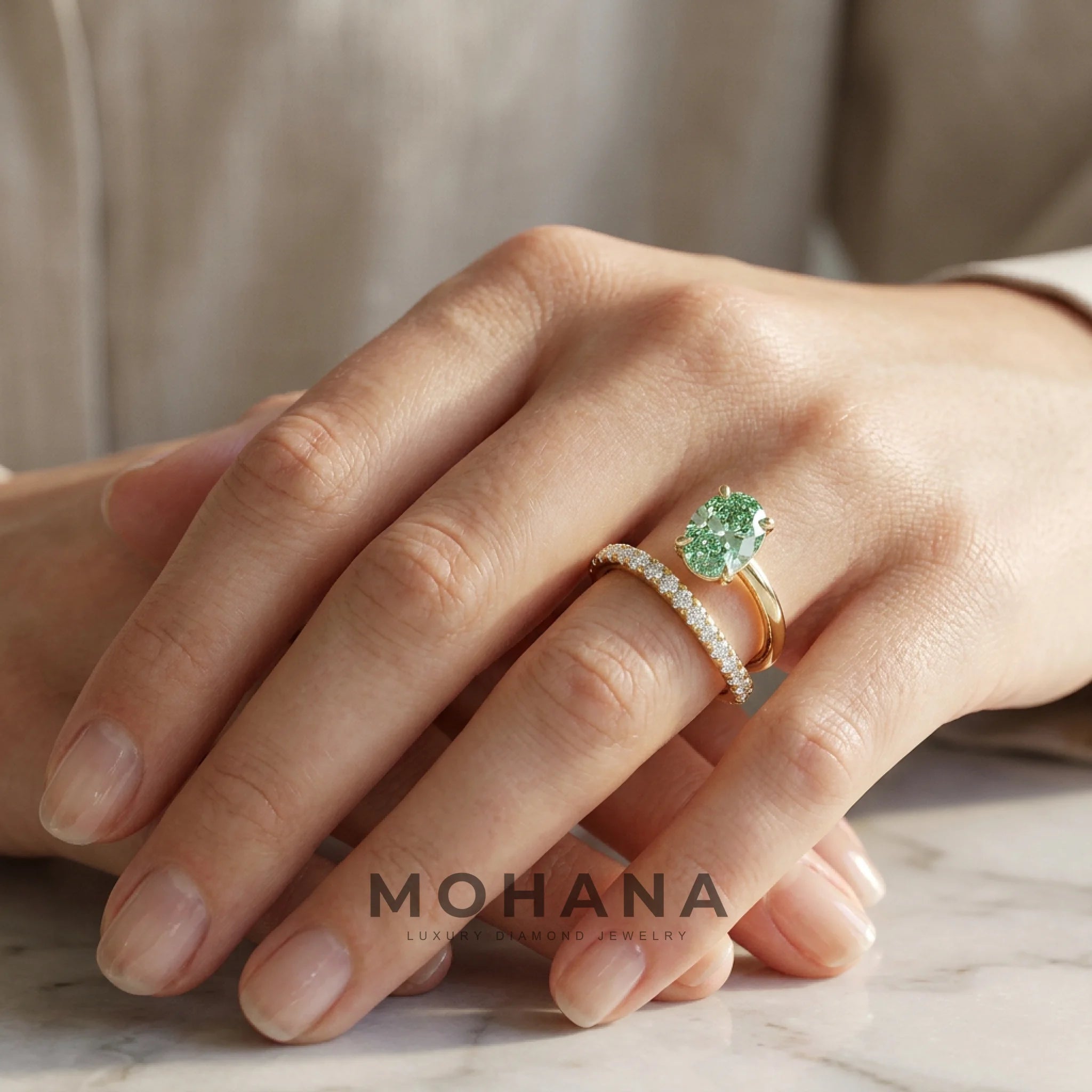 1.5 Carat Green Oval Cut Lab Diamond Bypass Ring – Pavé Wrap Design
