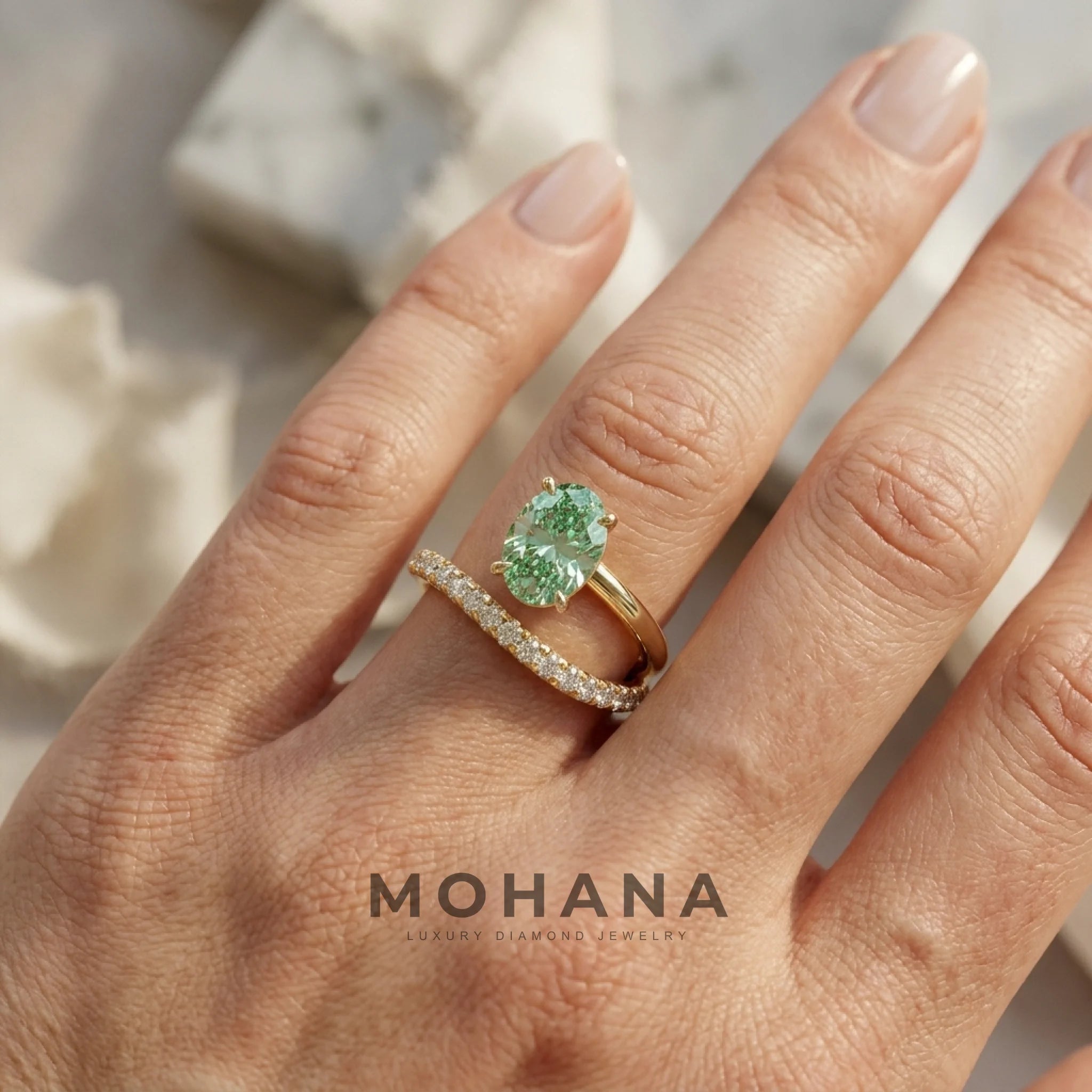 1.5 Carat Green Oval Cut Lab Diamond Bypass Ring – Pavé Wrap Design