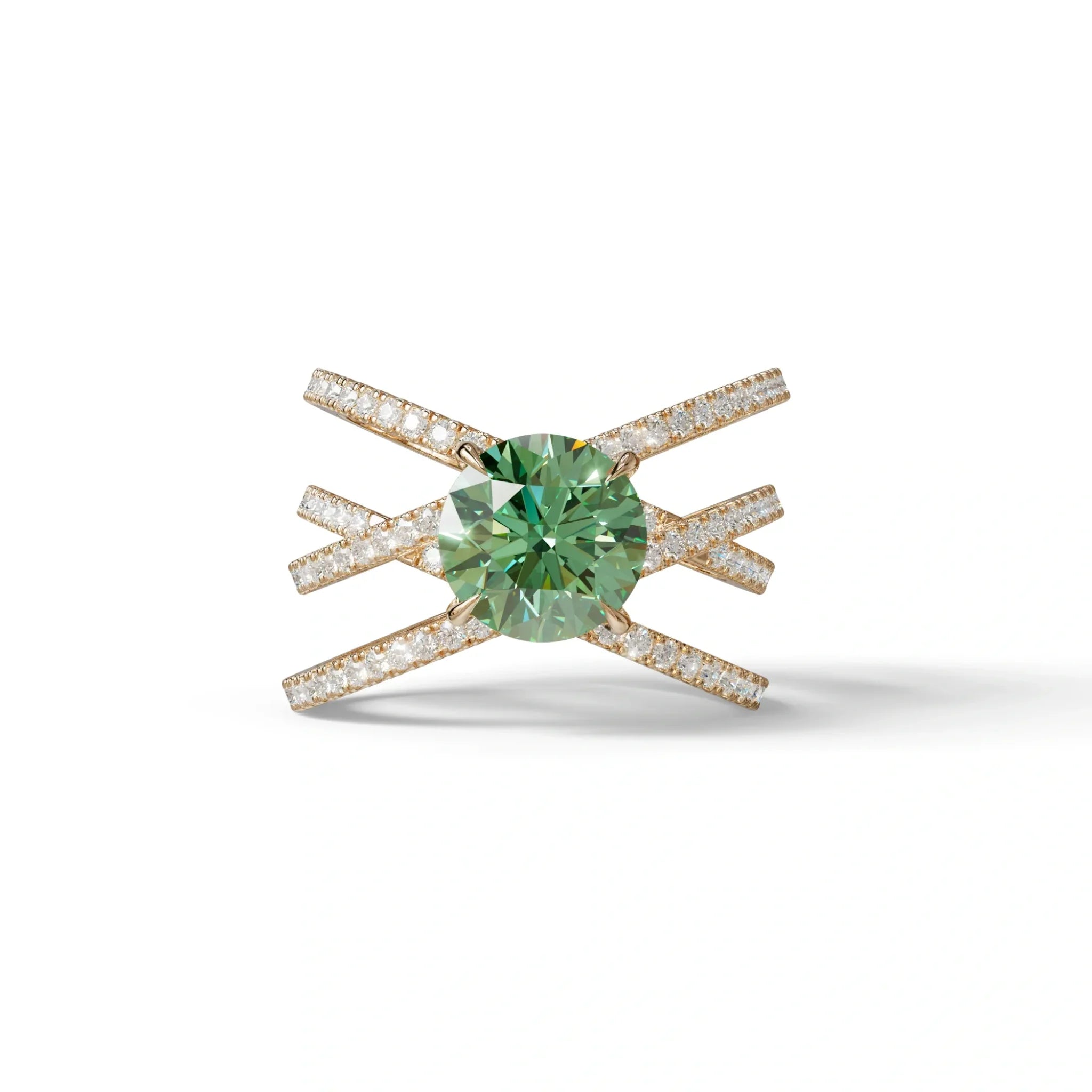 1.5 Carat Green Round Cut Criss Cross Lab Diamond Ring - Elegant - 10K Solid Gold / Rose Gold