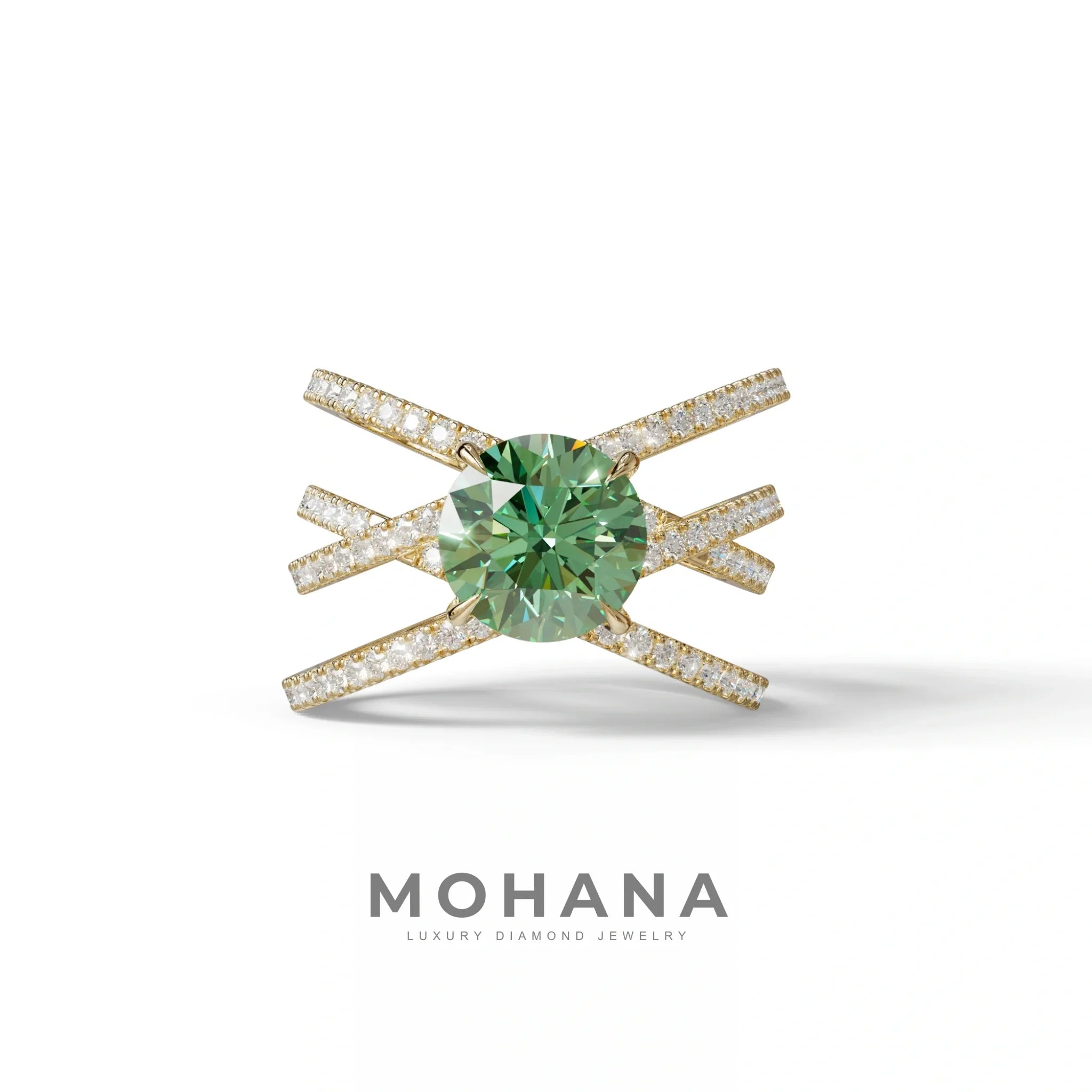 1.5 Carat Green Round Cut Criss Cross Lab Diamond Ring - Elegant - 10K Solid Gold / Yellow Gold