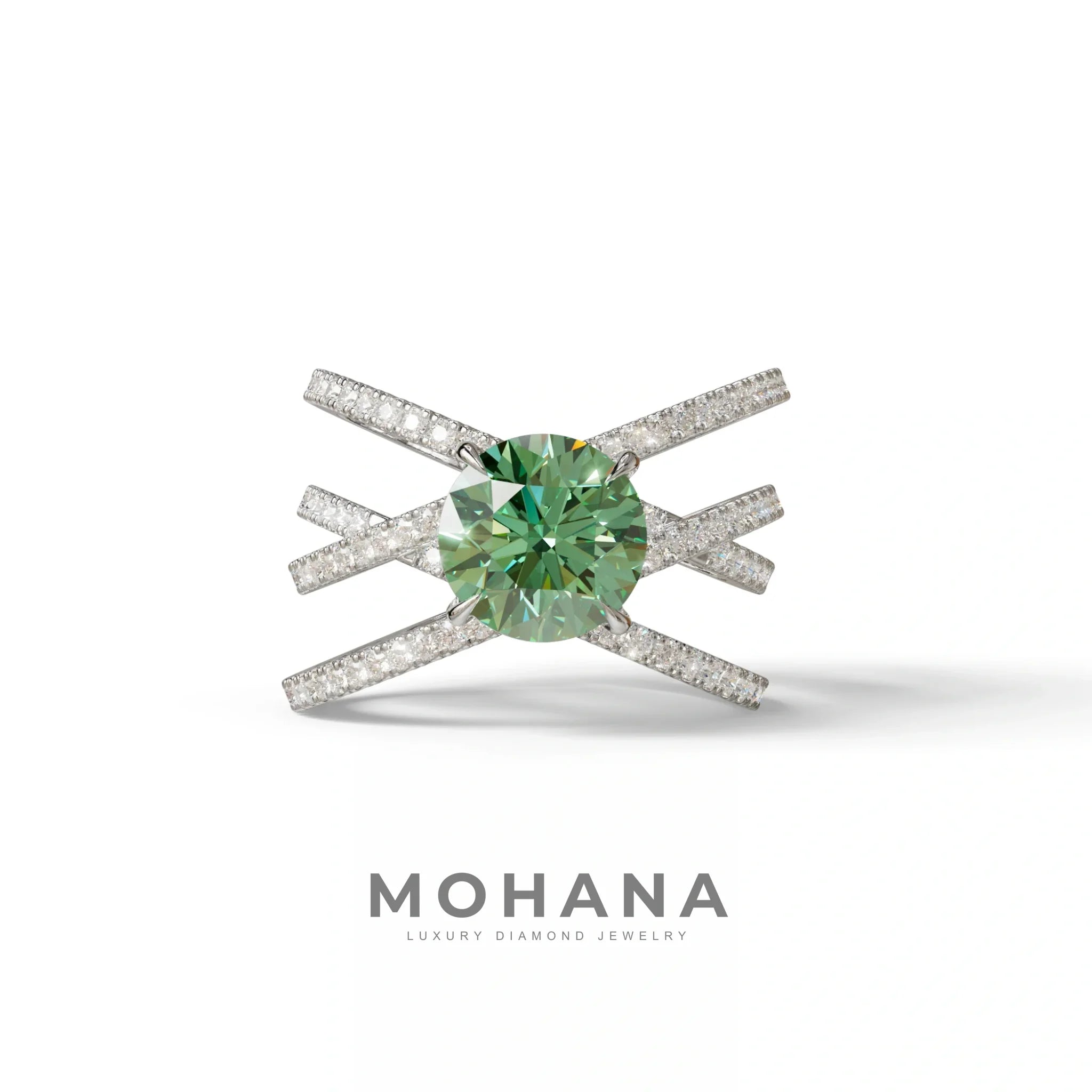 1.5 Carat Green Round Cut Criss Cross Lab Diamond Ring - Elegant - 10K Solid Gold / White Gold