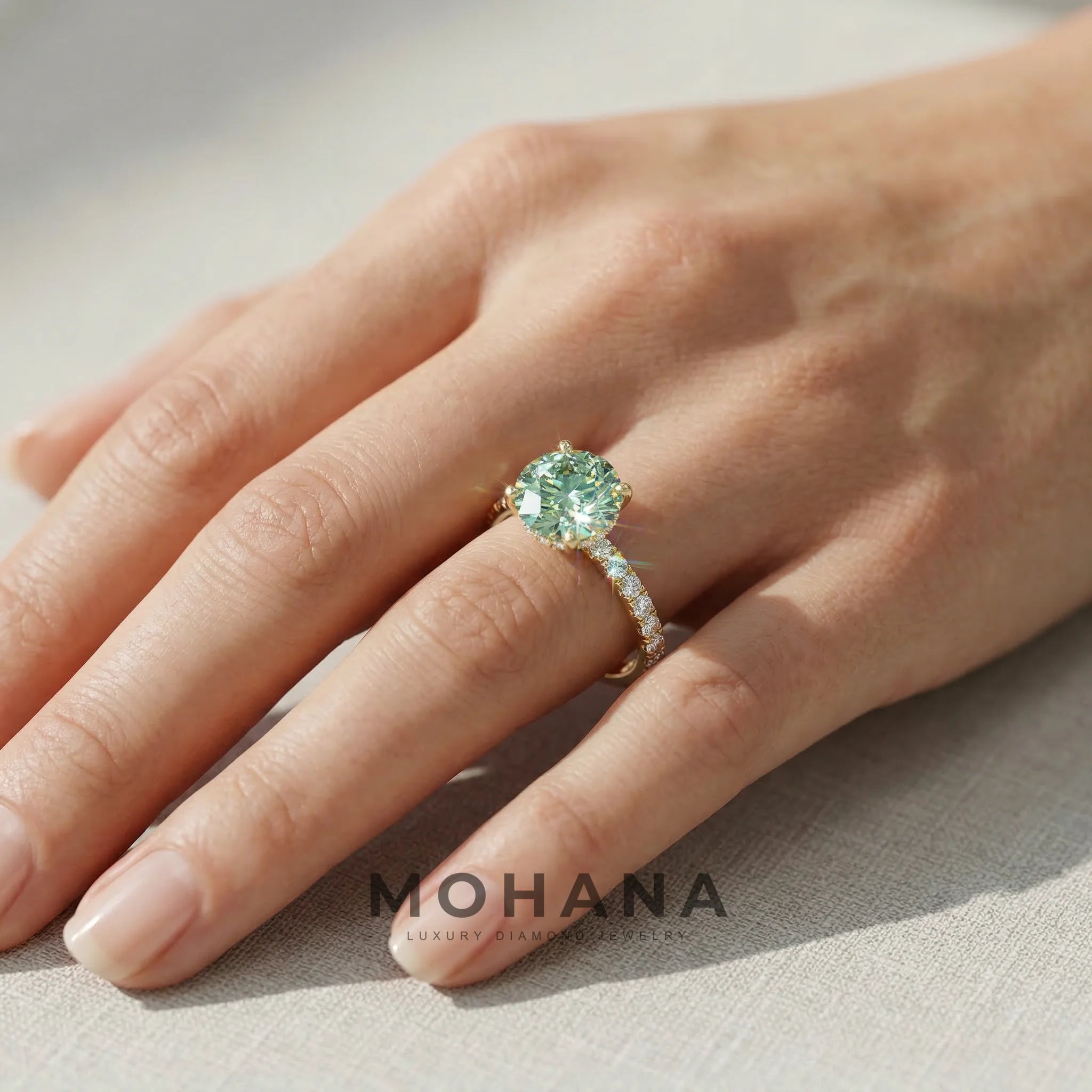 1.5 Carat Green Round Lab Grown Diamond Engagement Ring Classic Pave Set