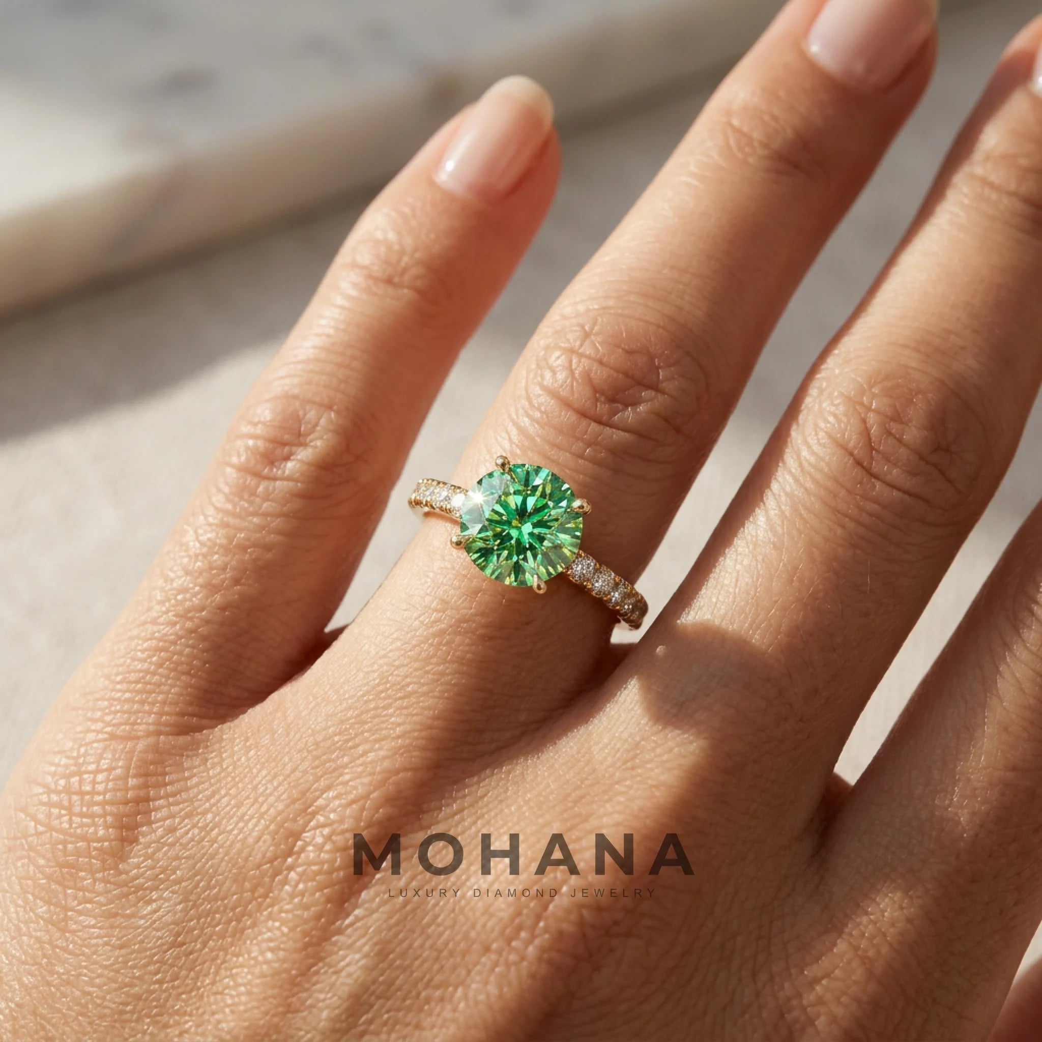 1.5 Carat Green Round Lab Grown Diamond Engagement Ring Classic Pave Set