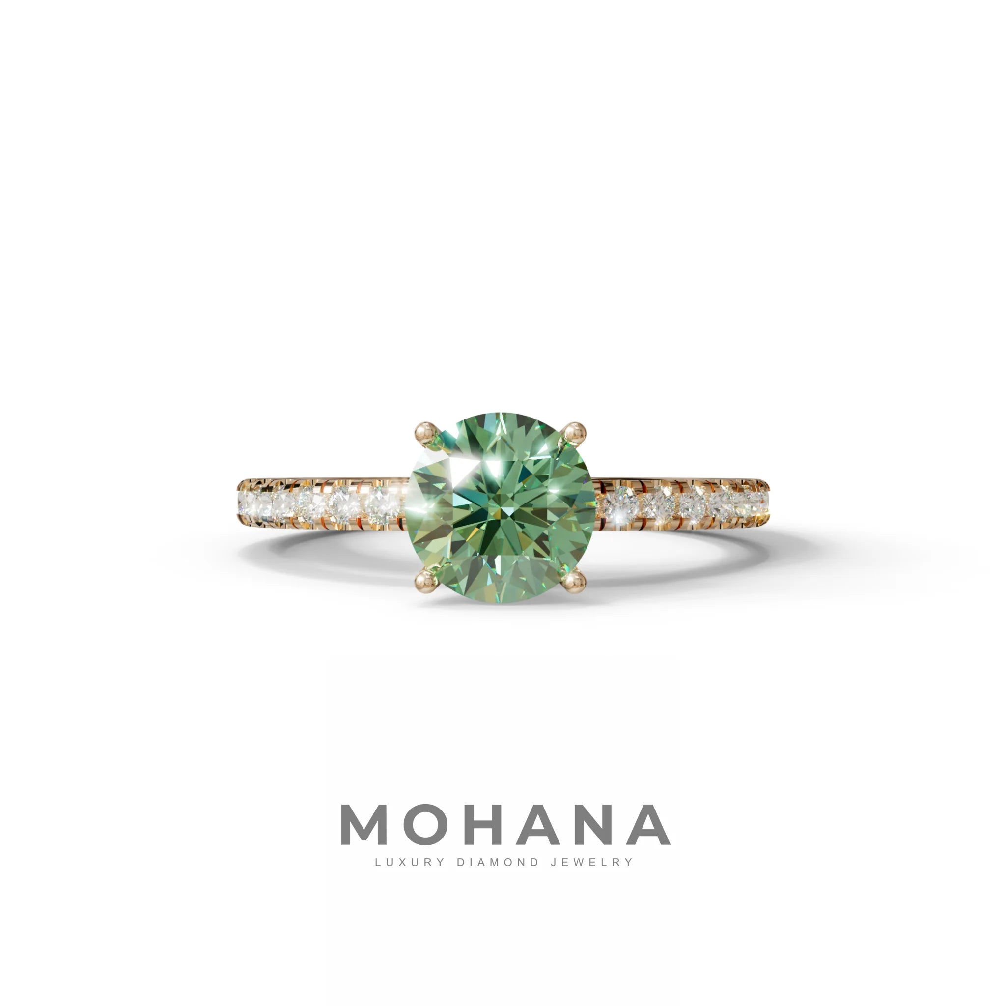 1.5 Carat Green Round Lab Diamond Ring - Classic Pave Set Ring - 10K Solid Gold / Rose Gold