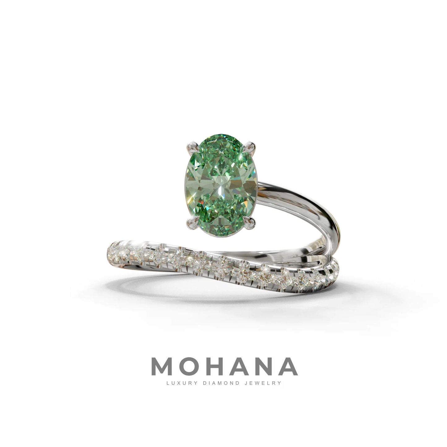 1.5 Carat S-Curve Green Oval Diamond Pave-set Diamond Ring - Bypass - 10K Solid Gold / White Gold