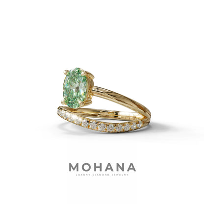 1.5 Carat S-Curve Green Oval Diamond Pave-set Diamond Ring - Bypass