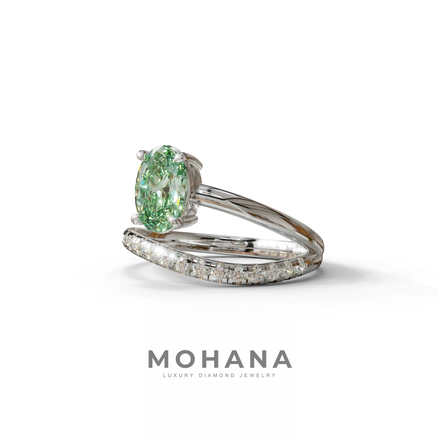 1.5 Carat S-Curve Green Oval Diamond Pave-set Diamond Ring - Bypass