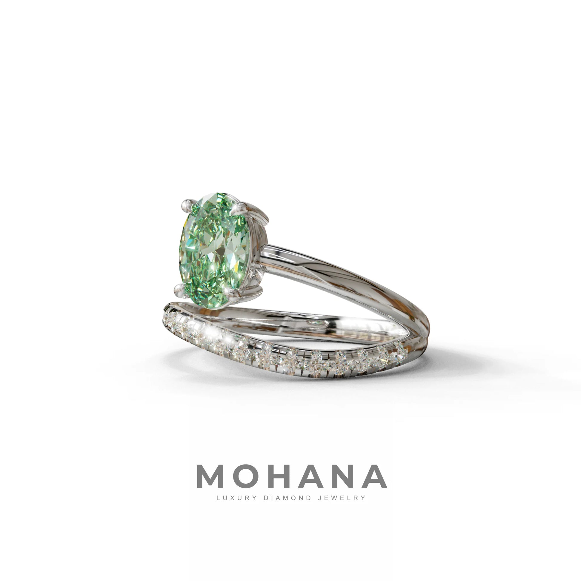 1.5 Carat S-Curve Green Oval Diamond Pave-set Diamond Ring - Bypass