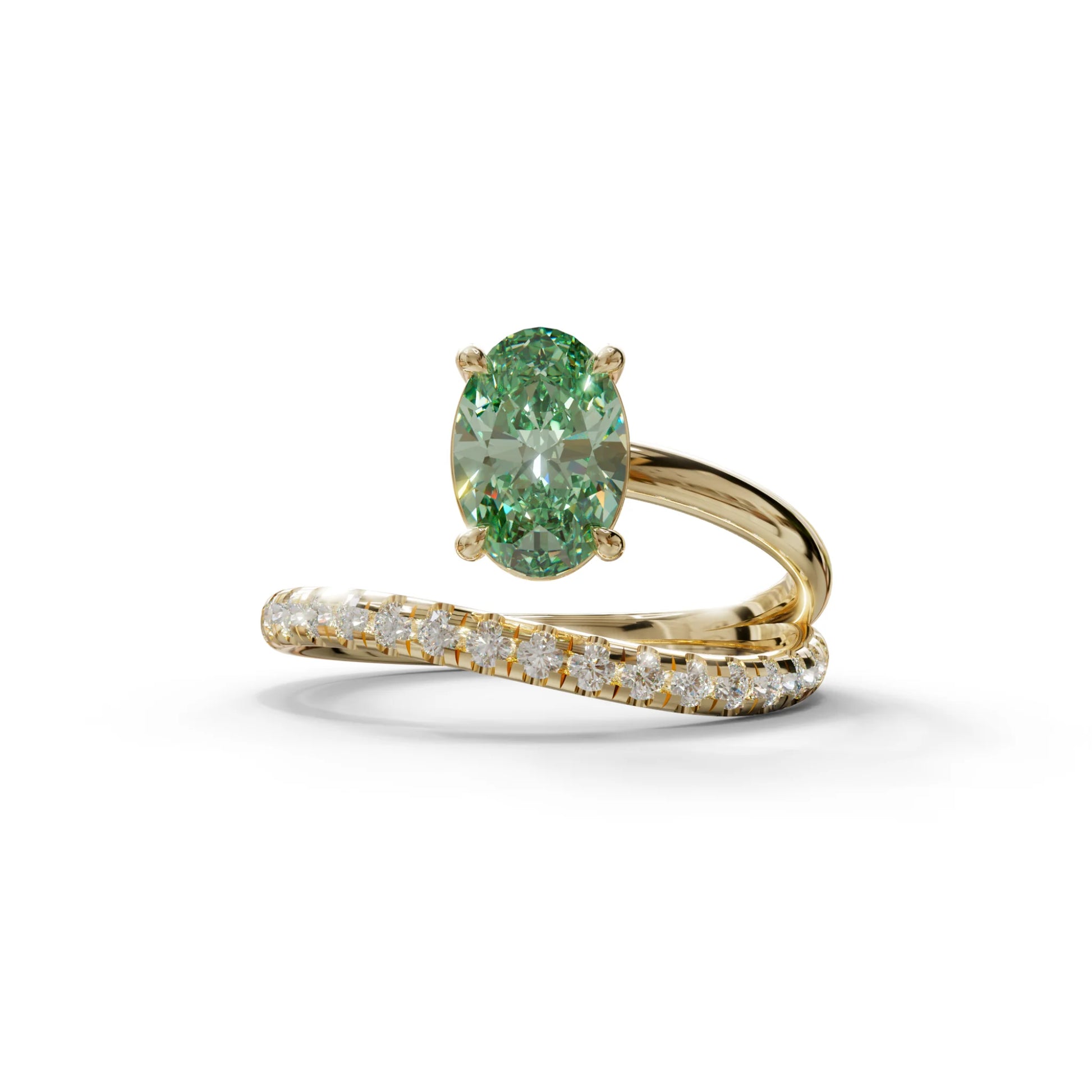 1.5 Carat S-Curve Green Oval Diamond Pave-set Diamond Ring - Bypass - 10K Solid Gold / Yellow Gold