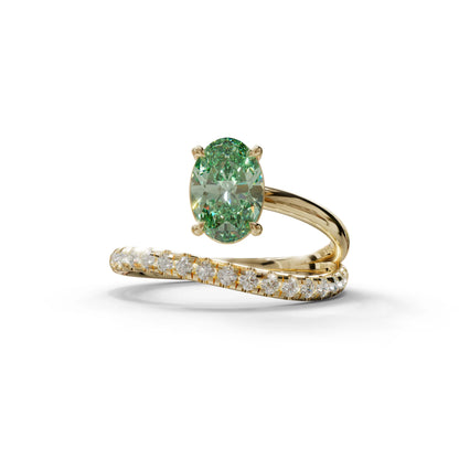 1.5 Carat S-Curve Green Oval Diamond Pave-set Diamond Ring - Bypass - 10K Solid Gold / Yellow Gold