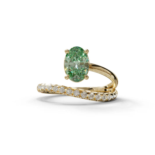 1.5 Carat S-Curve Green Oval Diamond Pave-set Diamond Ring - Bypass - 10K Solid Gold / Yellow Gold