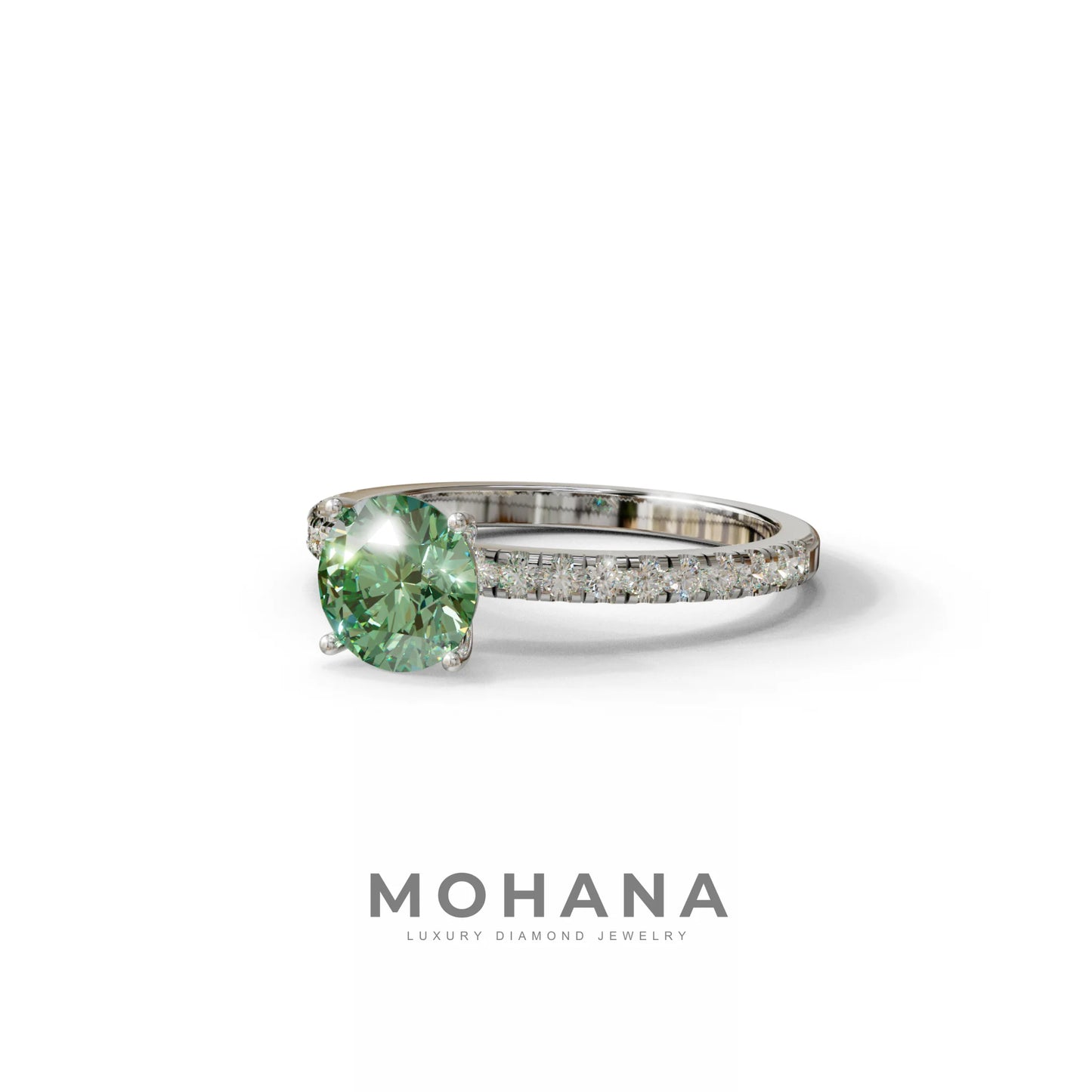 1.5 Carat Green Round Lab Diamond Ring - Classic Pave Set Ring