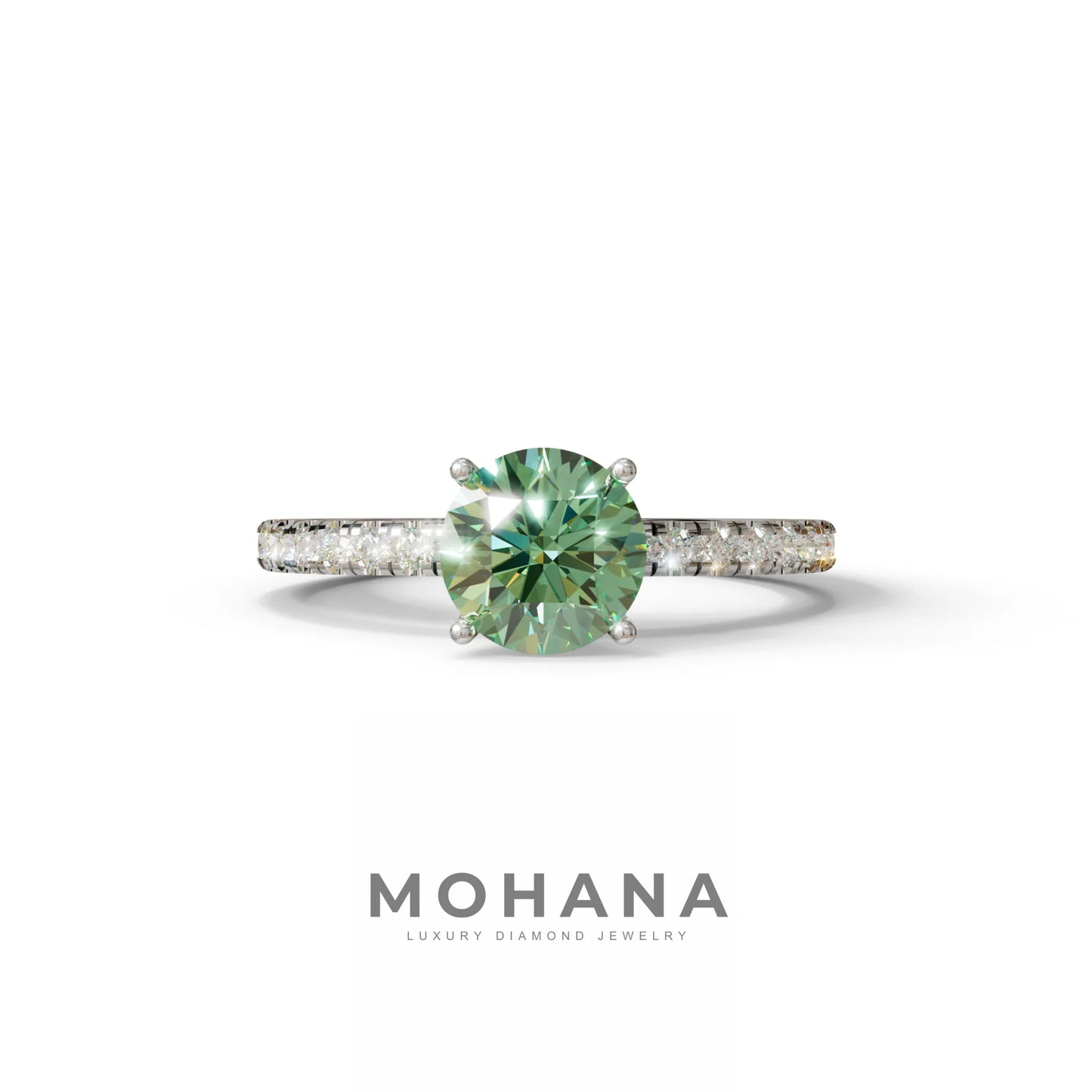 1.5 Carat Green Round Lab Diamond Ring - Classic Pave Set Ring - 10K Solid Gold / White Gold