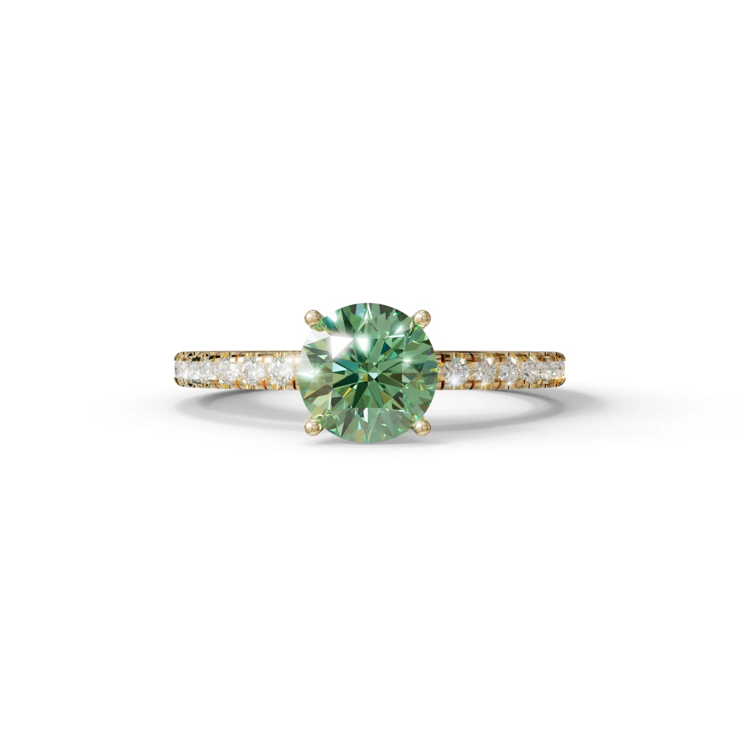 1.5 Carat Green Round Lab Diamond Ring - Classic Pave Set Ring - 10K Solid Gold / Yellow Gold