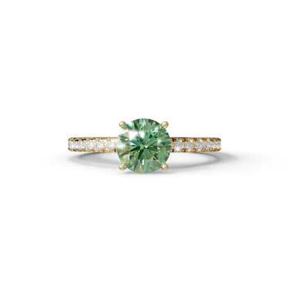 1.5 Carat Green Round Lab Diamond Ring - Classic Pave Set Ring - 10K Solid Gold / Yellow Gold